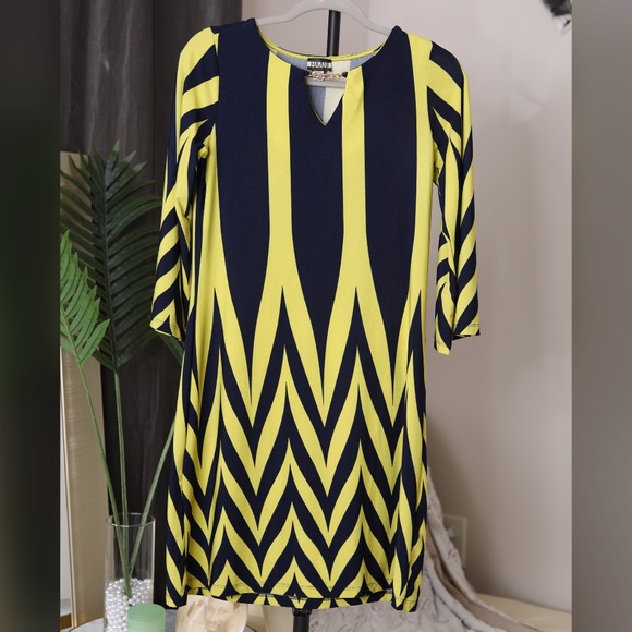 Haani Dresses & Skirts - HAANI Navy and Yellow Vertical Striped Dress
